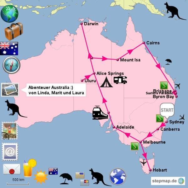 Unsere geplante Route innerhalb Australiens..