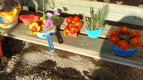 Schildeles Sandkuchen. Sie kennt alle Blumen mit Namen