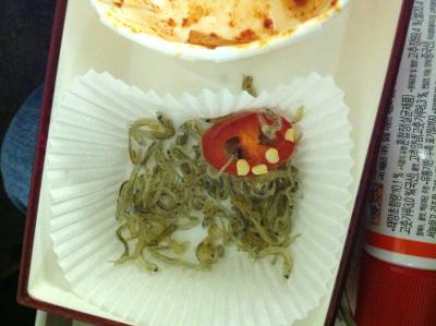 Das hier war das essen im Flugzeug, bzw. was davon &uuml;brig ist...auf dem Foto sieht man s&uuml;&szlig;e getrocknete fischis; ich hab das beim essen nich sofort gecheckt und dachte es w&auml;ren getrocknete Algen mit kleinen schwarzen Punkten...tja waren dann wohl doch Augen. Ich schiebe es auf den Jetlag und die diffusen Lichtverh&auml;ltnisse an Bord von Asiana Airlines<br />
Lecker wars trotzdem