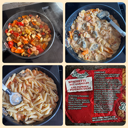 Nudeln mit Restgemüse, Garnelen und Brunchsauce Nudeln mit Restgemüse, Garnelen und Brunchsauce
