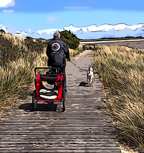 Der Hund l&auml;uft am Fahrrad und ich probiere den Comic-Filter aus
