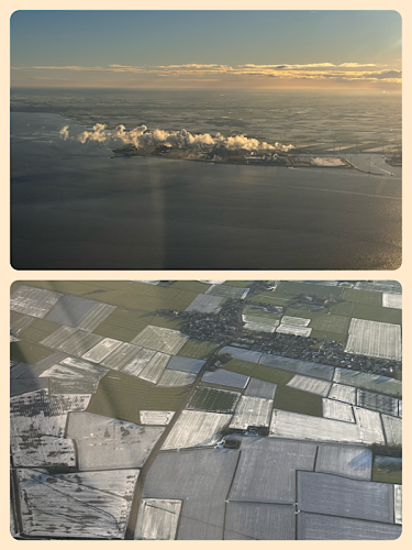 Dampfwolken über Gaskraftwerken und teilverschneite Felder Dampfwolken über Gaskraftwerken und teilverschneite Felder