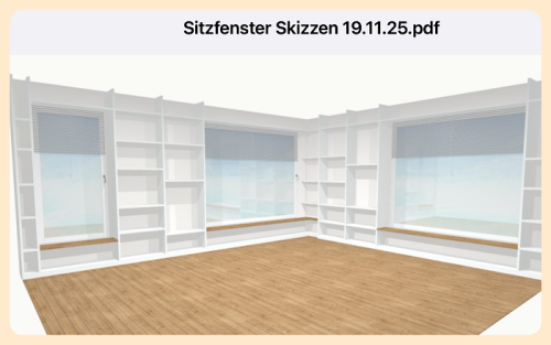 Entwurfsskizze für die Regalierung rund um die Fenster im Wohnzimmer