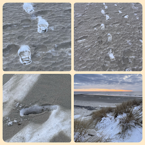 Auf dem Strand wurde Sand &uuml;ber den Schnee gestreut 
