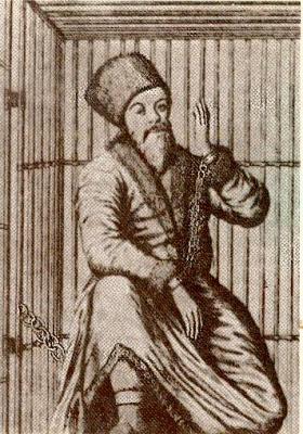 Pugatschew in einem Käfig vor seiner Hinrichtung.