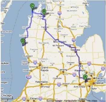 A- Plymouth<br />
B- Spiderlake<br />
C- Sleeping Bear Dunes National Park<br />
D- Silver Lake